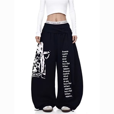 港风秋冬款男女卫裤字母图案印花阔腿宽松长裤长飘带h8078P48，男装休闲裤，星座1013-1