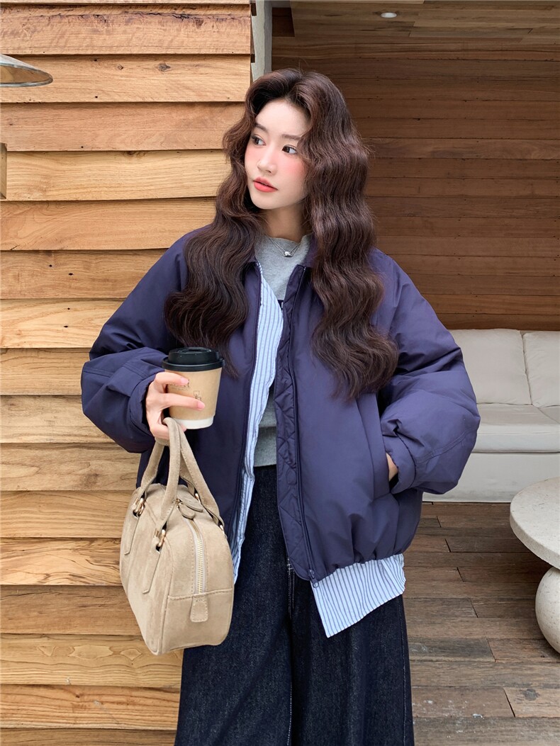 藏青色格子拼接假两件短款羽绒服女冬季2025新款设计感白鸭绒外套,女装羽绒服,慧尚依恋