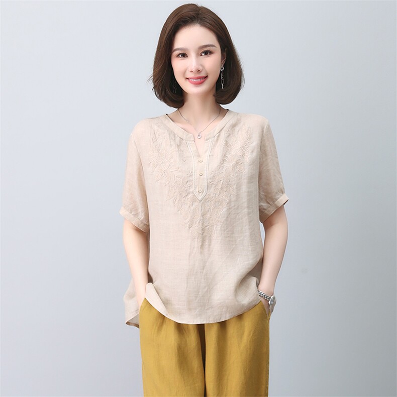2024夏季纯苎麻刺绣简约气质宽松时尚休闲显瘦舒适上衣,女装衬衫,独衣靓