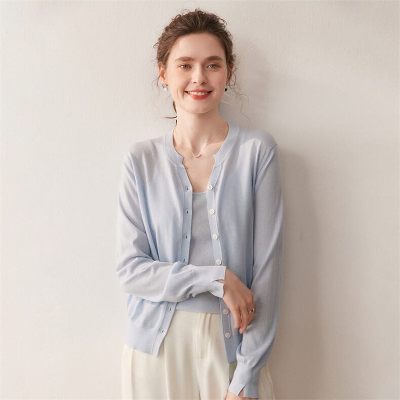 精纺100%精纺羊毛开衫女纯色圆领长袖毛衣2025新款针织外套,针织衫/毛衣,朵沐纯羊绒