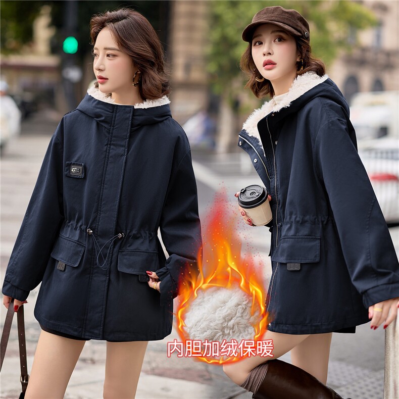 9115时尚加绒加厚中长款派克服,女装派克服,依路服饰