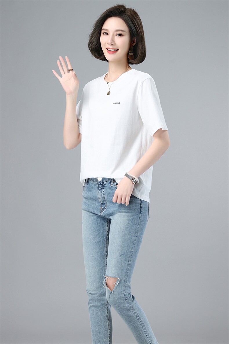 2023夏装新款圆领字母宽松短袖女T恤全棉,女装T恤,伊满意