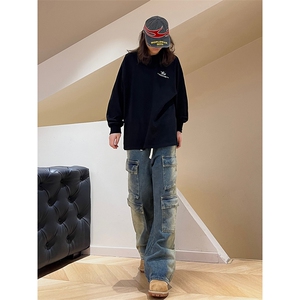 B221美式ins高街重工艺宽松做旧工装牛仔裤子LK23143-P80控108