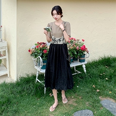 法式碎花拼接假两件套连衣裙女2024夏季新款大码气质收腰显瘦裙子，女装连衣裙，2C029