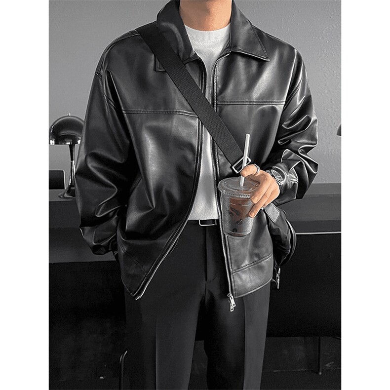 网图有货PU皮机车外套男美式翻领休闲宽松夹克上衣男A914-P70,男装夹克,星座1505