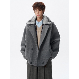可拆卸毛领座山雕秋冬短款加棉加厚毛呢夹克外套 812-JK28-P128图片