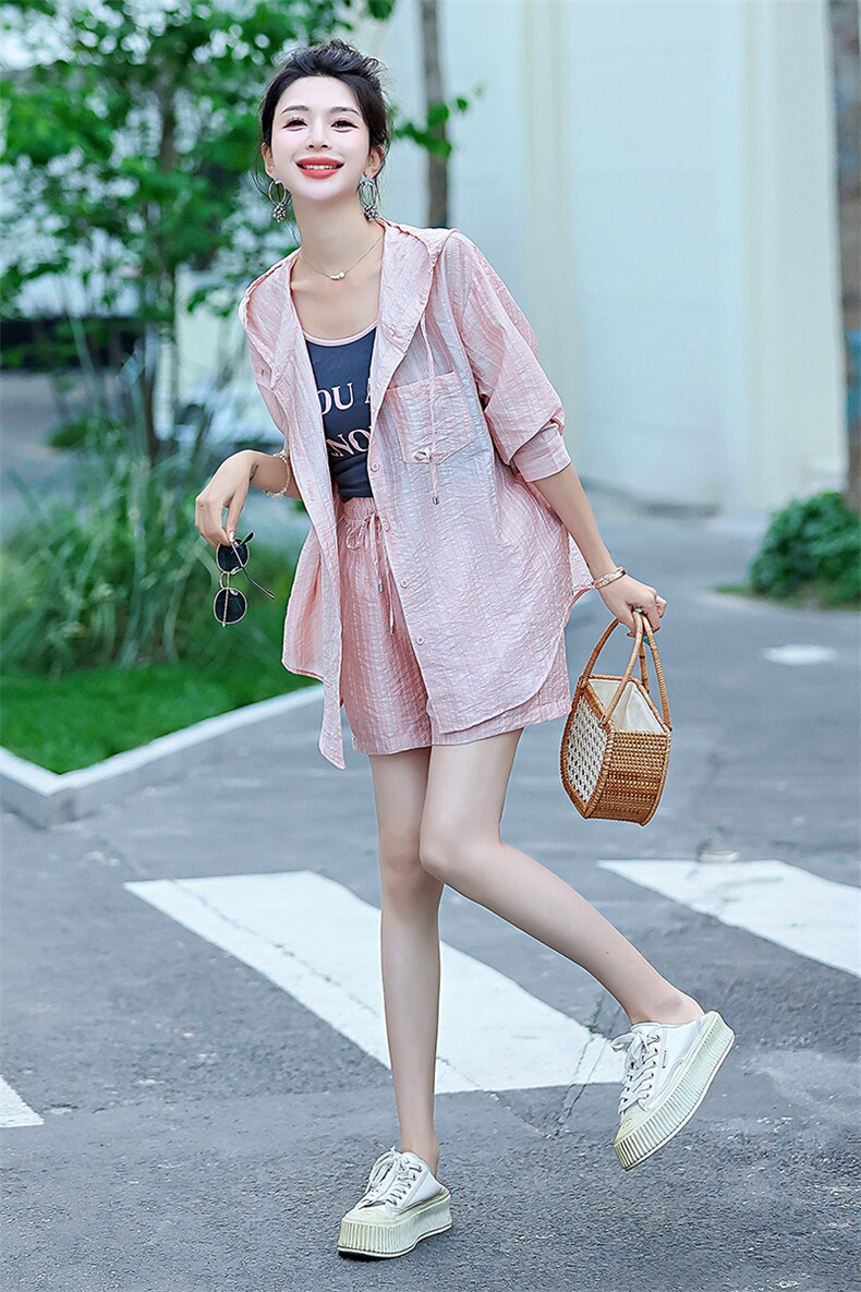 防晒衣套装女2025新款夏季小个子时尚洋气时髦衬衫吊带短裤三件套,女装套装/套裙,韩蜜菓