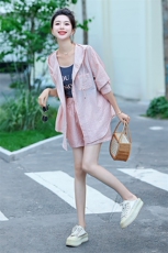 防晒衣套装女2025新款夏季小个子时尚洋气时髦衬衫吊带短裤三件套，女装套装/套裙，韩蜜菓