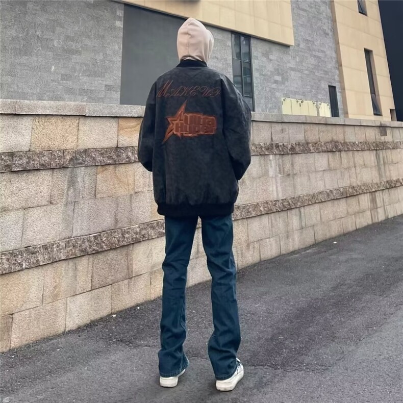 复古美式街头字母刺绣外套男女oversize宽松皮衣棒球服潮,男装皮衣,星座813-2