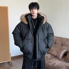 现货三防重磅硬挺boxy短款羽绒棉衣座山雕大毛毛领PU皮棉服外套冬，男装棉衣，电商A486-1