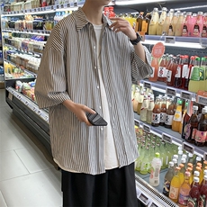 2025男装春夏新款港风条纹短袖衬衫上衣D201-DM93-P40，男装T恤，电商D321-1