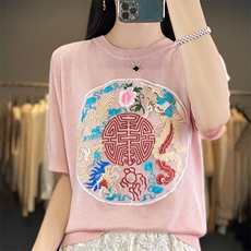 2025春夏时尚流行体恤上衣新中式女装中国风刺绣短袖T恤女士大码，女装羊毛衫，朝贺羊绒