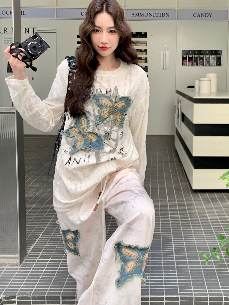 美式复古蝴蝶印花长袖T恤女两件套装2025秋季新款宽松气质休闲裤,女装套装/套裙,2C087