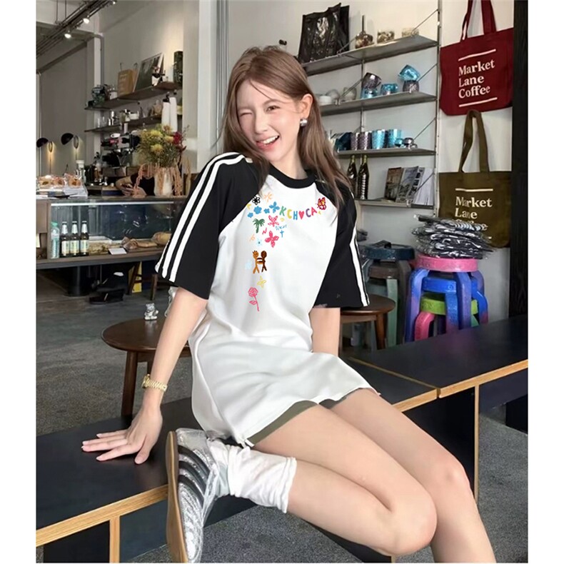 抖音得物品质二开240克宽松纯棉美式潮牌插肩三杠织带短袖T恤图片