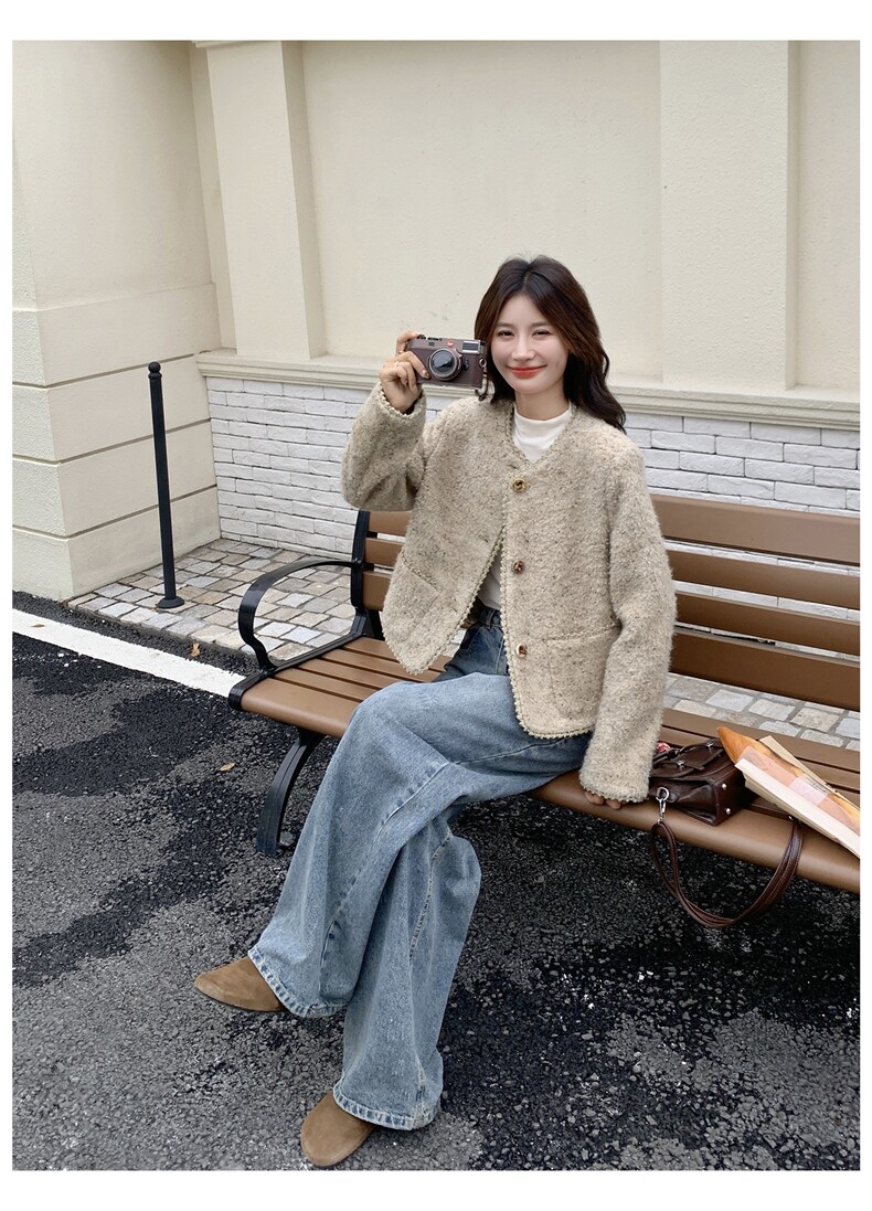 韩系气质上衣小香风花边拼接毛呢外套女冬,女装毛呢外套,浙宝212A