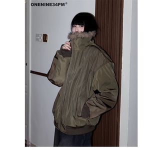 M78-P91 冬季日系复古美拉德咖啡色竖条纹棉衣外套男女中性风图片