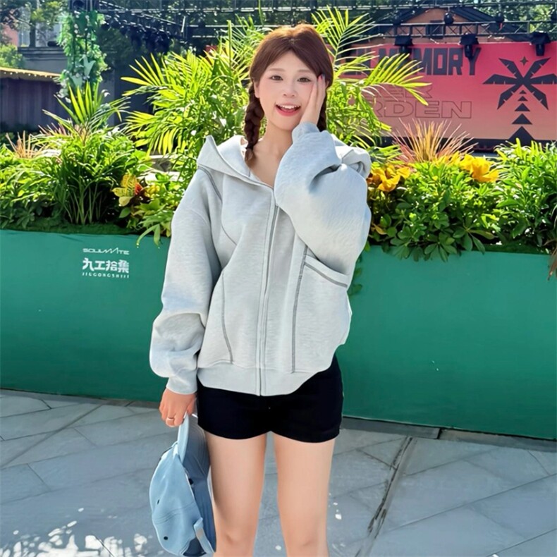 抖音得物高品质秋冬美式高街重磅结构辑明线纹理连帽卫衣外套W111,女装短外套,电商A486-1