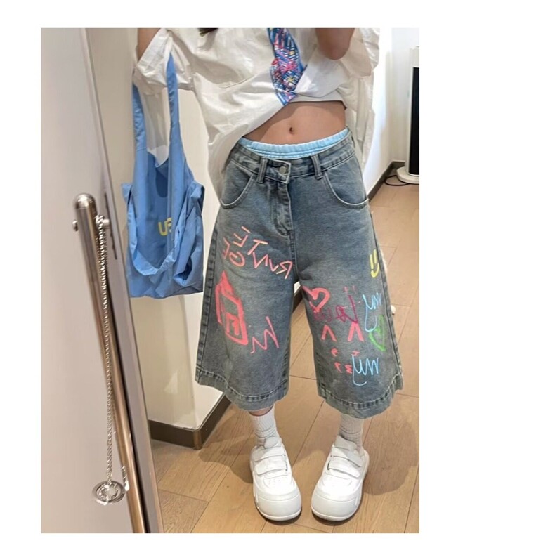 网图现货美式复古宽松涂鸦七分牛仔裤女K04/特P40,女装牛仔裤,星座205-3