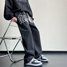 抖音品质-美式高街直筒休闲字母刺绣牛仔裤212-2-NZ015-特P50控78，男装牛仔裤，星座808A-1