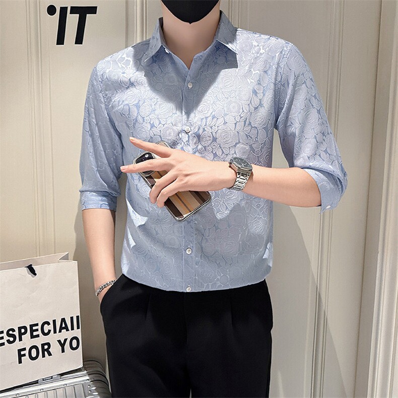 店主风社会小伙男士新款提花七分袖衬衫男衬衣301A-1/CS588/P55,男装衬衫,星座301A-1