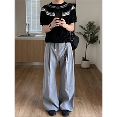 浅灰色好莱坞a字西裤老钱风双褶条纹裤子直筒微喇裤KZ9872P60，男装西裤，星座908-1