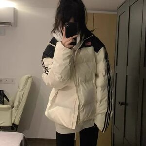 美式复古拼接条纹棉服棉衣女冬季外套小众街头学生加厚保暖面包服图片