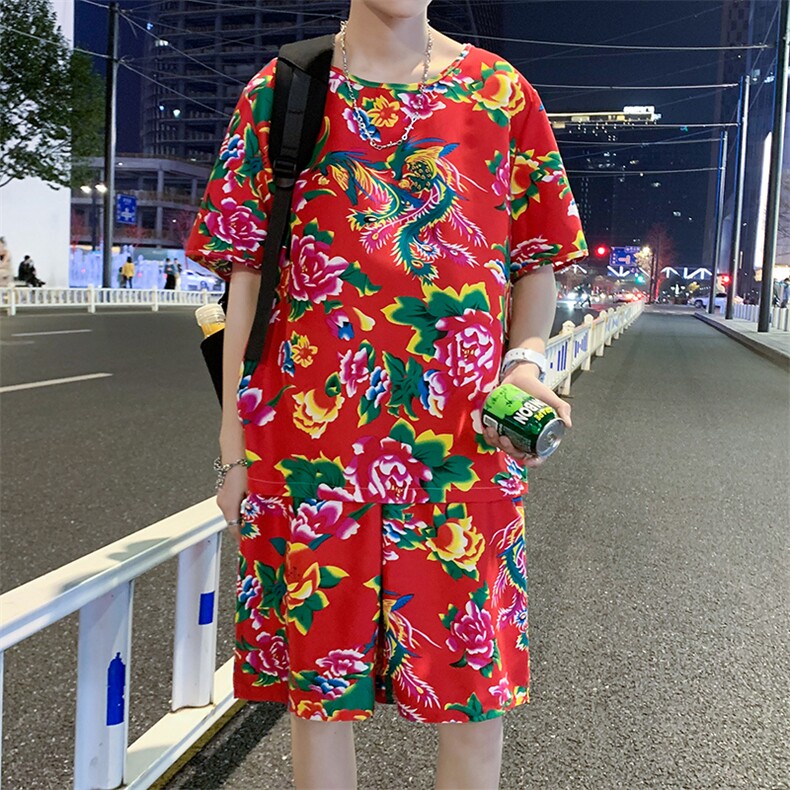 TZ203男女休闲东北大花短袖圆领T恤衫短裤可套装单选团队服风,男装休闲套装,星座115A(原星座507）