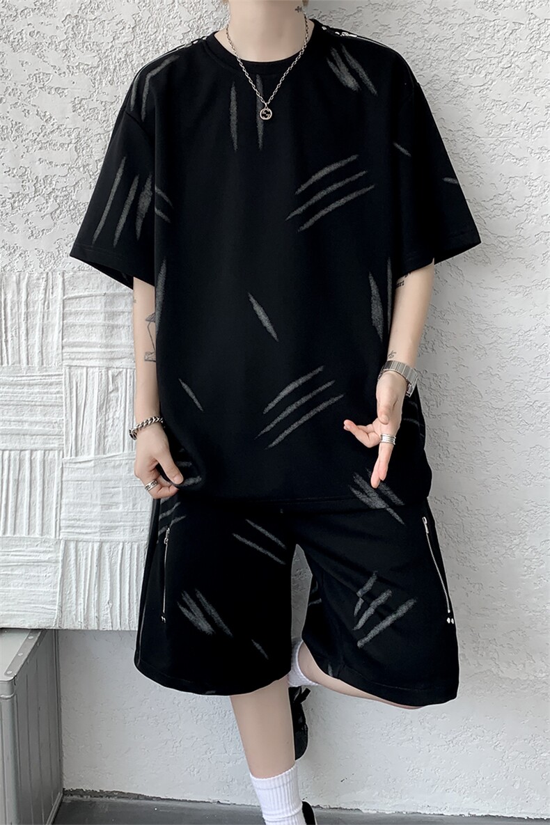 高品质猫爪布美式机车拉链套装夏季新款设计短袖短裤套装特P70,男装休闲套装,电商B319