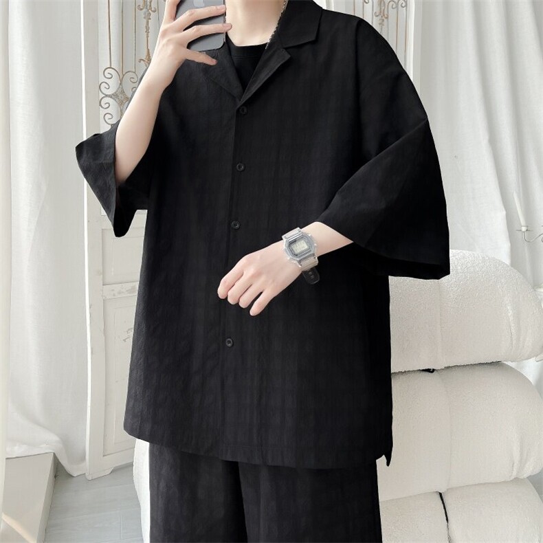 TZ52932/P65西服领短袖衬衣裤子套装男潮夏季肌理感西装领两件套,男装西服,电商A141