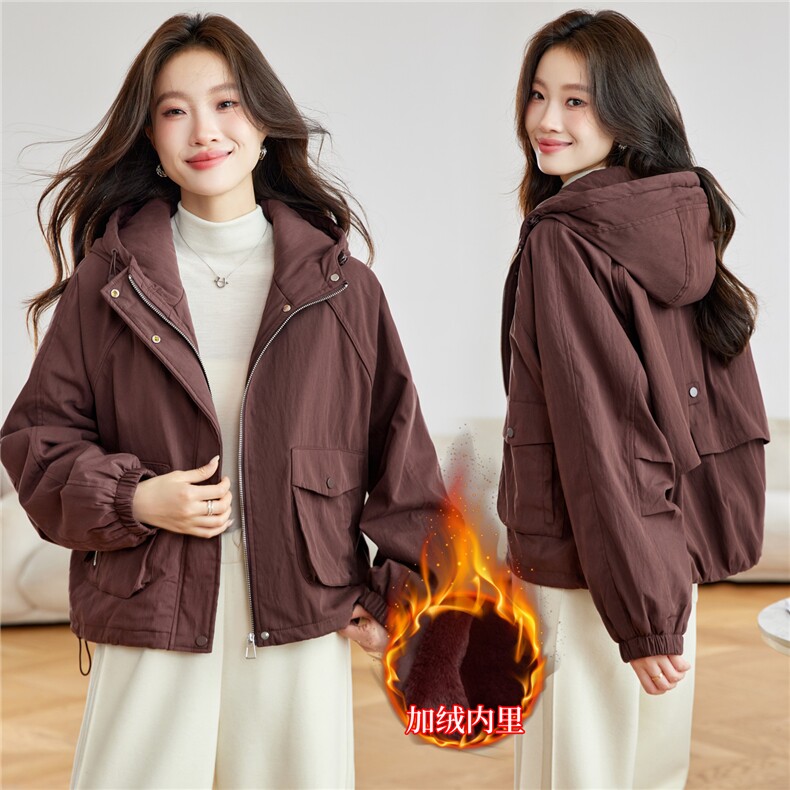 2025冬装新款简约时尚连帽宽松加绒外套，女装短外套，依倍林