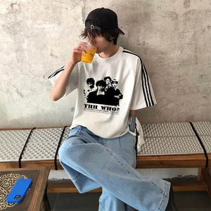 抖音得物高品质二开240克宽松纯棉美式潮牌三条杠织带短袖T恤图片