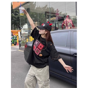 H0805-P38贴布刺绣设计感小众短袖t恤夏季宽松上衣图片