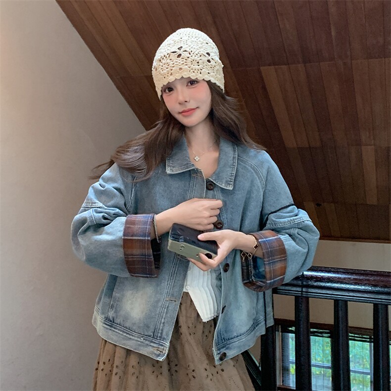 【现货】格纹袖口拼接短款牛仔外套--W511P145K198,女装短外套,2C209
