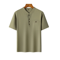 长年现货男士高品质风唐装中老年亚麻V领短袖中年棉麻T恤，男装T恤，钱塘723