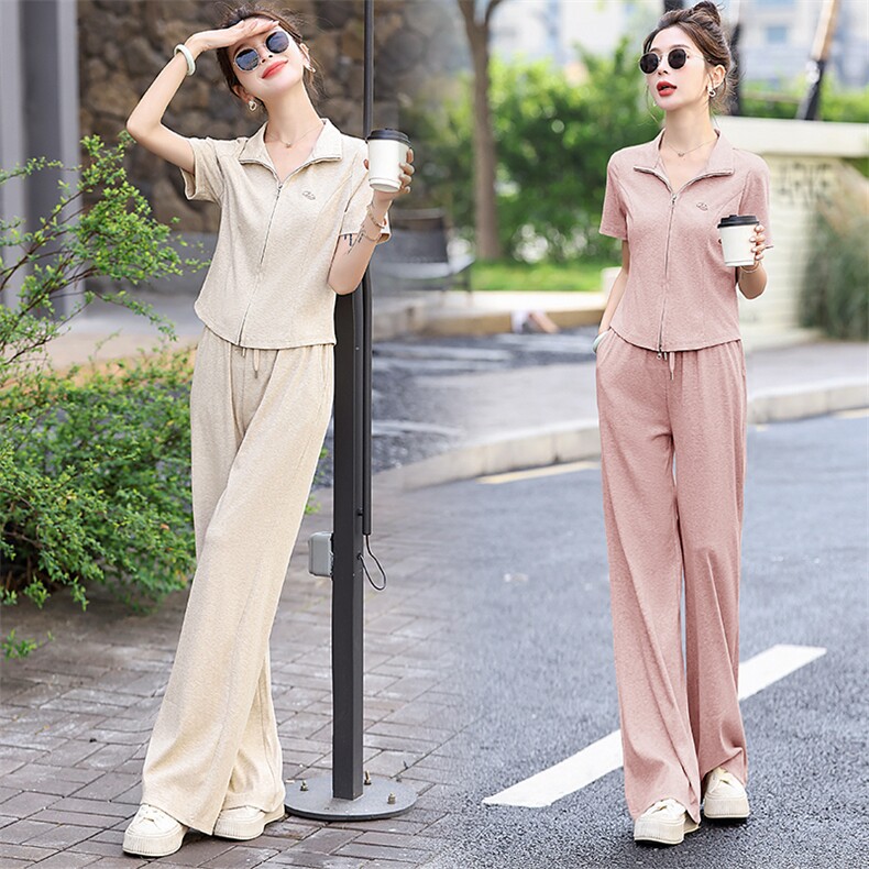 现货秒发2024夏装新款韩版时尚2件套双拉链清爽透气休闲运动套装，女装运动套装，星宇服饰