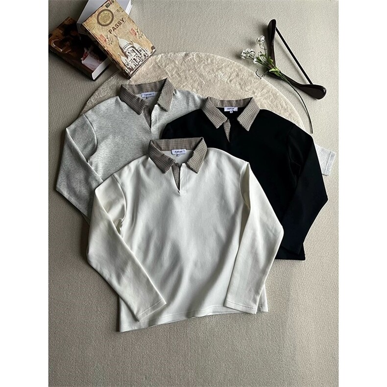 格子假两件polo翻领长袖T恤男款ins潮流打底衫套头上衣LHJ933-P39，男装Polo衫，星座1008