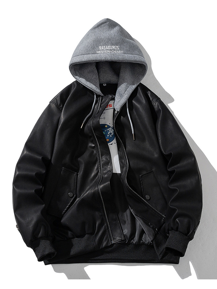 现货黑色PU皮棒球服外套秋冬棉服带帽可拆卸,男装棉衣,电商A105
