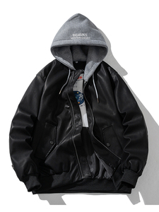 现货 黑色PU皮棒球服外套秋冬棉服带帽可拆卸图片