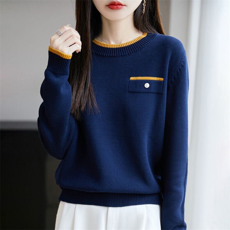 2025新款秋季小衫100%纯棉线针织衫女上衣长袖洋气遮肚拼色妈妈装,针织衫/毛衣,长今羊