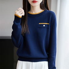 2025新款秋季小衫100%纯棉线针织衫女上衣长袖洋气遮肚拼色妈妈装，女装针织衫/毛衣，长今羊