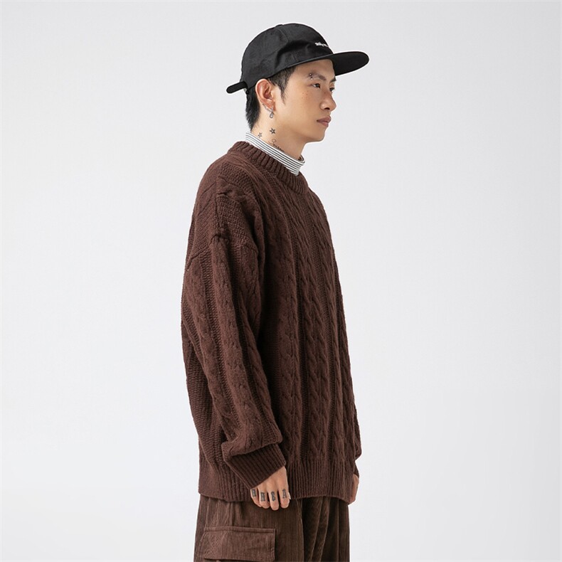 日系绞花工艺纯色圆领毛衣冬季宽松复古针织衫外套K4097-P58控88,男装针织衫/毛衣,电商A362