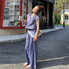 灰蓝色休闲时尚套装女2025夏新款设计感V领无袖上衣阔腿裤两件套，女装套装/套裙，2C129