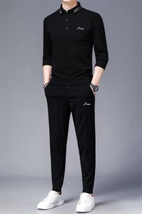 2023春秋季新款翻领长袖T恤上衣男套装中青年商务休闲男装两件套图片