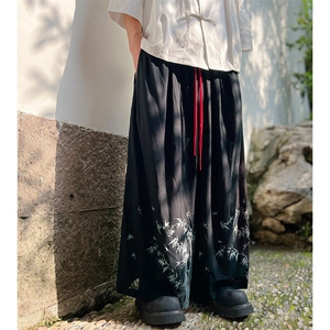 夏季休闲裤仙风道骨男士大码中式八分裤棉麻裤竹叶印花款K211-P60图片
