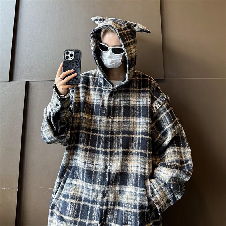 DJ209-P65美式复古长袖毛边下摆外穿青少年春秋格子标准潮图片