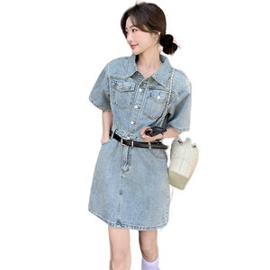 港风复古水洗polo牛仔连衣裙女夏季2025新款气质收腰显瘦A字短裙图片