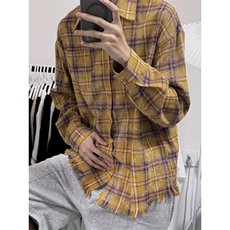 【有货】美式设计感花纹格子长袖衬衫男情侣休闲外套HT96CC-特P48，男装衬衫，星座1007（原301D）