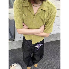 高品质原版面料~25新款狼尾草翻驳领短款衬衫短袖t恤T2580批45，男装T恤，星座1004-6