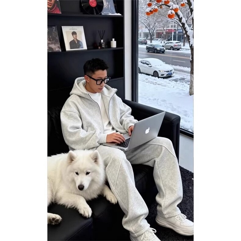 冬季新款时尚潮流百搭宽松加绒卫衣套装简约舒适外套弯刀裤两件套,男装休闲套装,星座1210-1