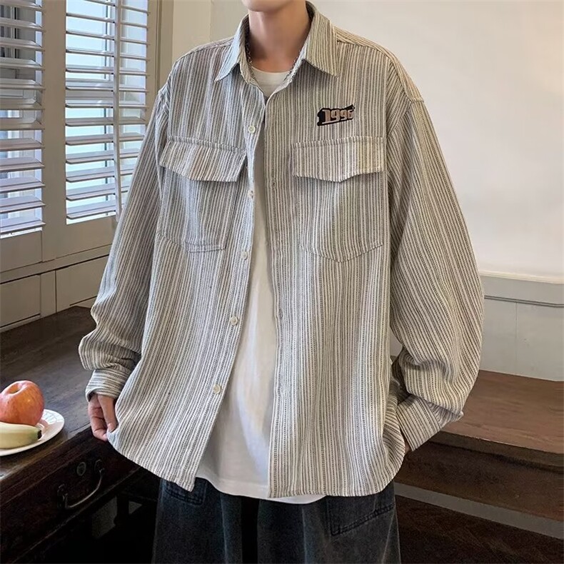 日系复古潮牌工装刺绣条纹长袖衬衫男春秋季潮流宽松休闲衬衣C92,男装衬衫,星座1116A-1（原606A）